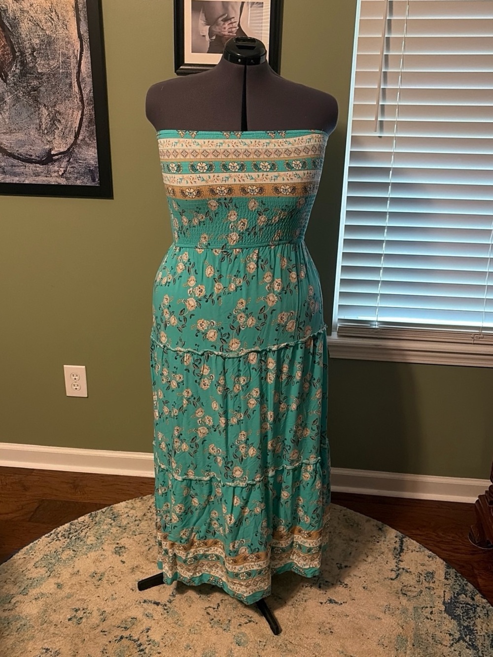 Women's Strapless Teal Floral Maxi Dress with Smocked Bodice